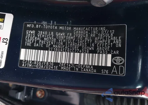 2012 Toyota Corolla Le из США, поврежденный, VIN 2T1BU4EE6CC774028